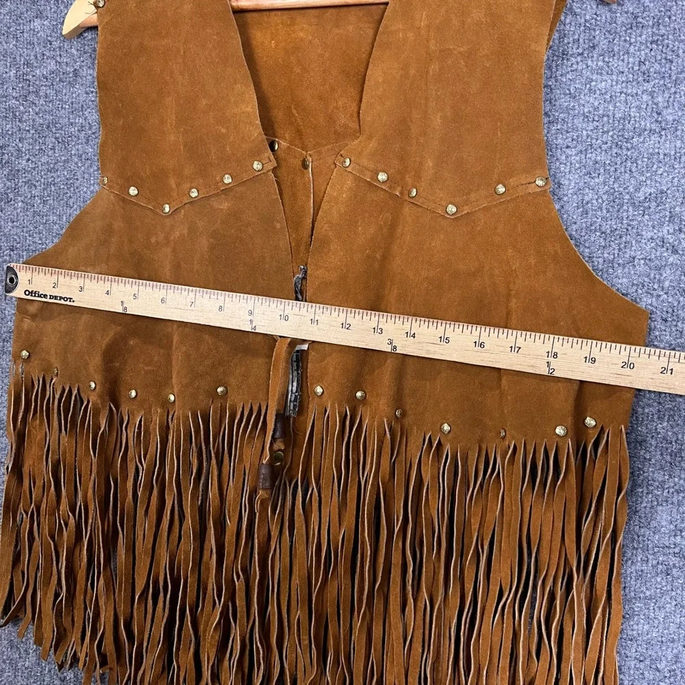 Vintage Suede Fringe Vest Womens Large Brown Good Western Boho Studded Tie Front